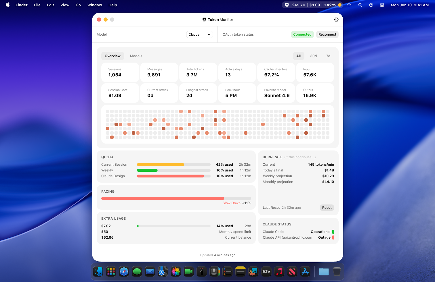 Token Monitor app showing Claude token usage